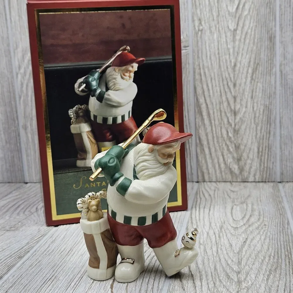 Lenox Santa Golf Figurine‎ Holiday Decor Hand Painted Porcelain Gold Accents Box